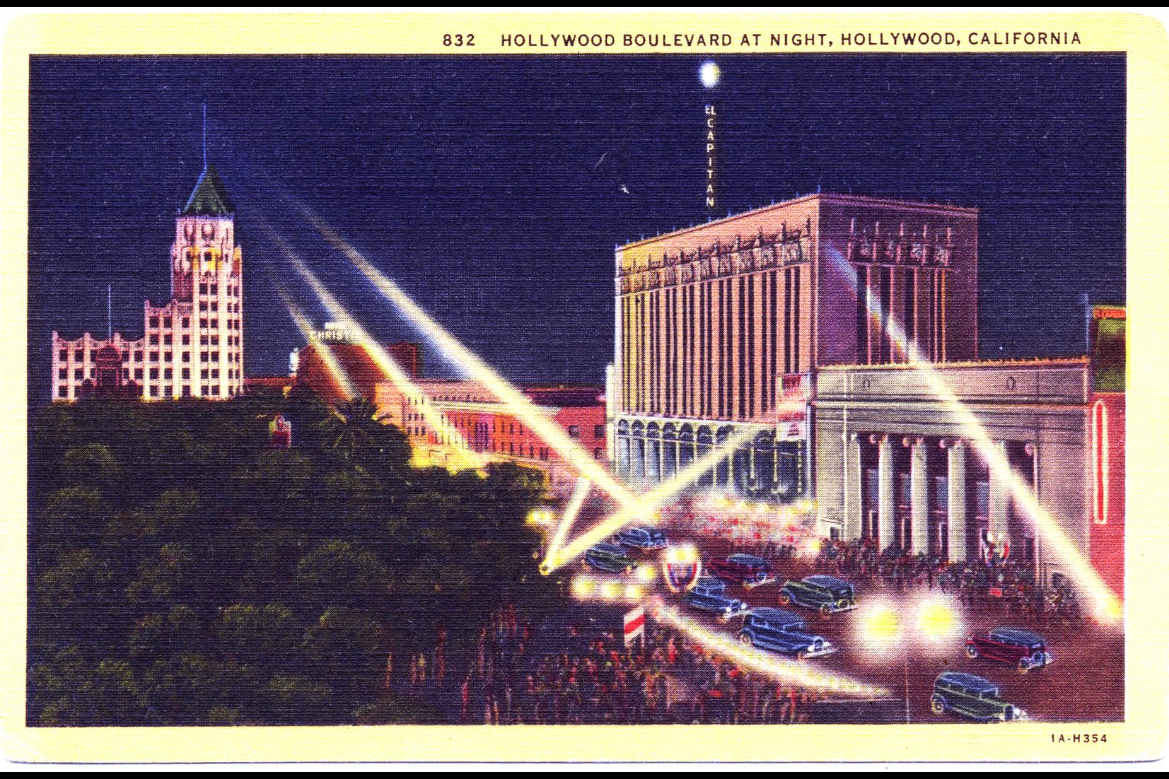 A vintage postcard illustration of Hollywood Boulevard at night, with colorful lights, spotlights, classic cars, crowds, and prominent buildings, capturing the lively atmosphere of old Hollywood, California.