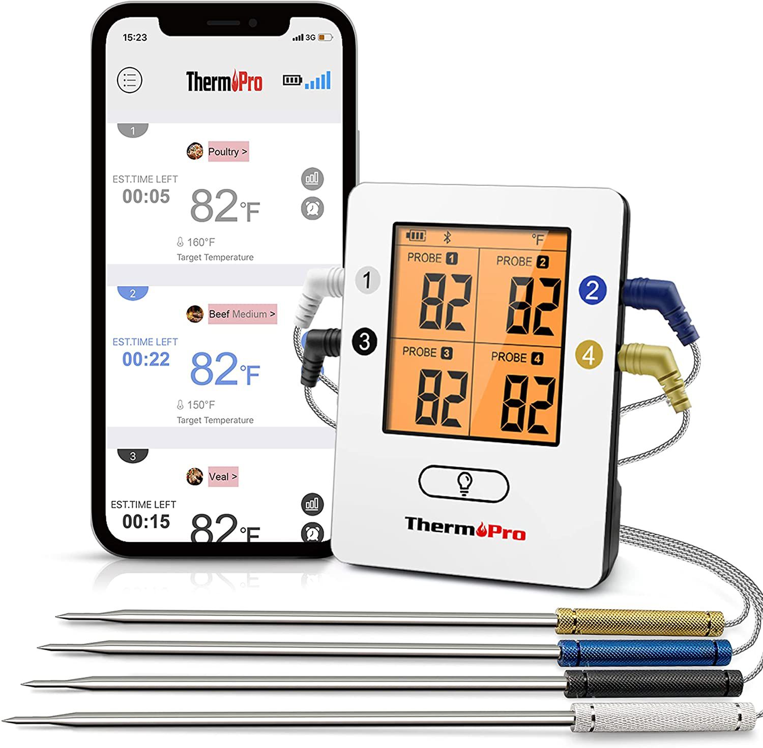 ThermoPro TP25 500ft Wireless Bluetooth Meat Thermometer with 4 Temperature Probes
