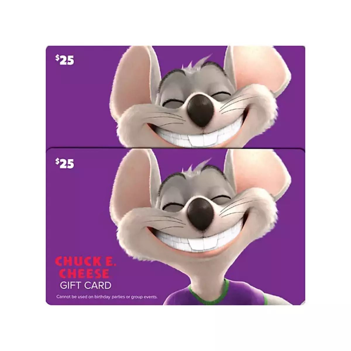 Chuck E Cheese $50 Value Gift Cards - 2 x $25