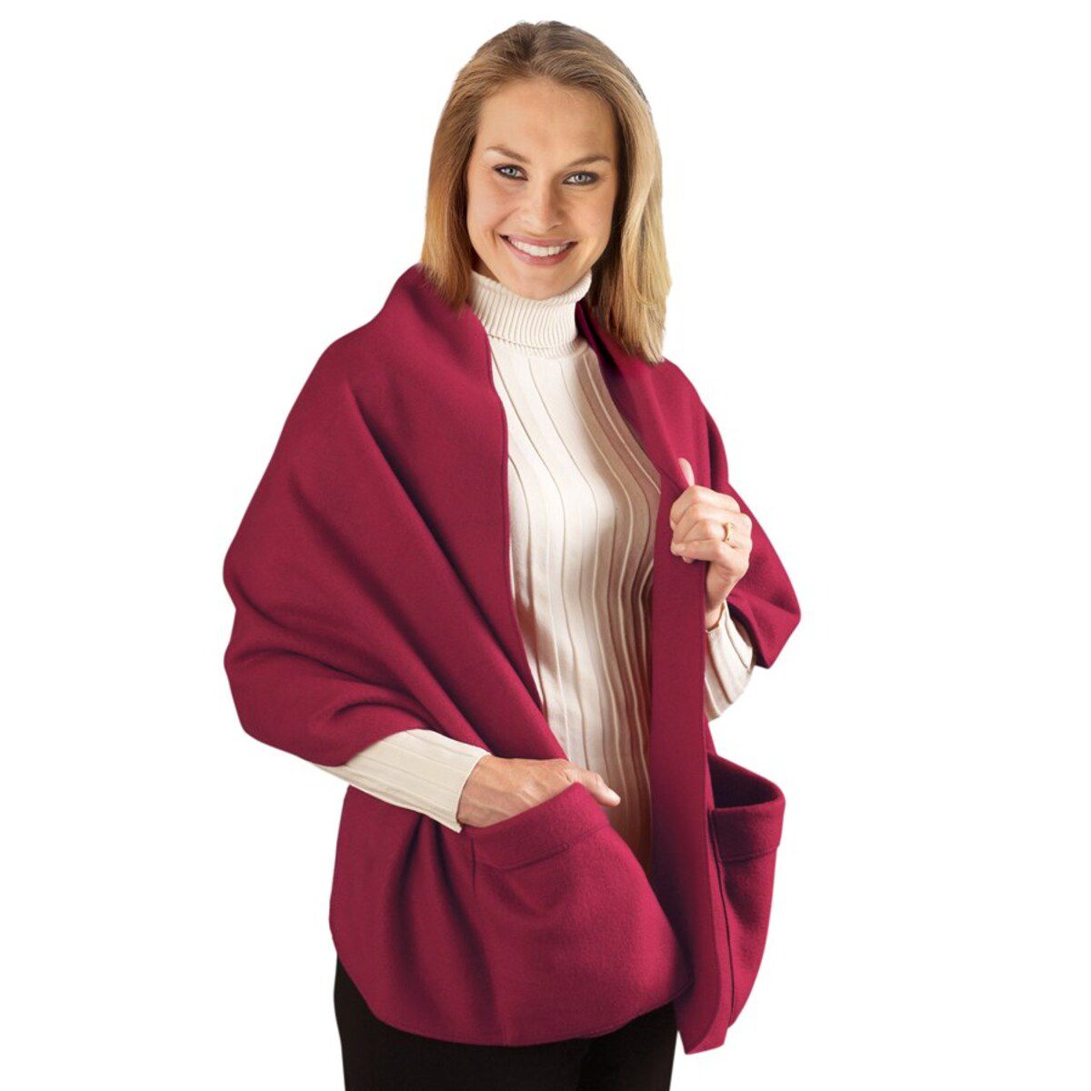 Fleece Wrap Shawl with Pockets, Burgundy
