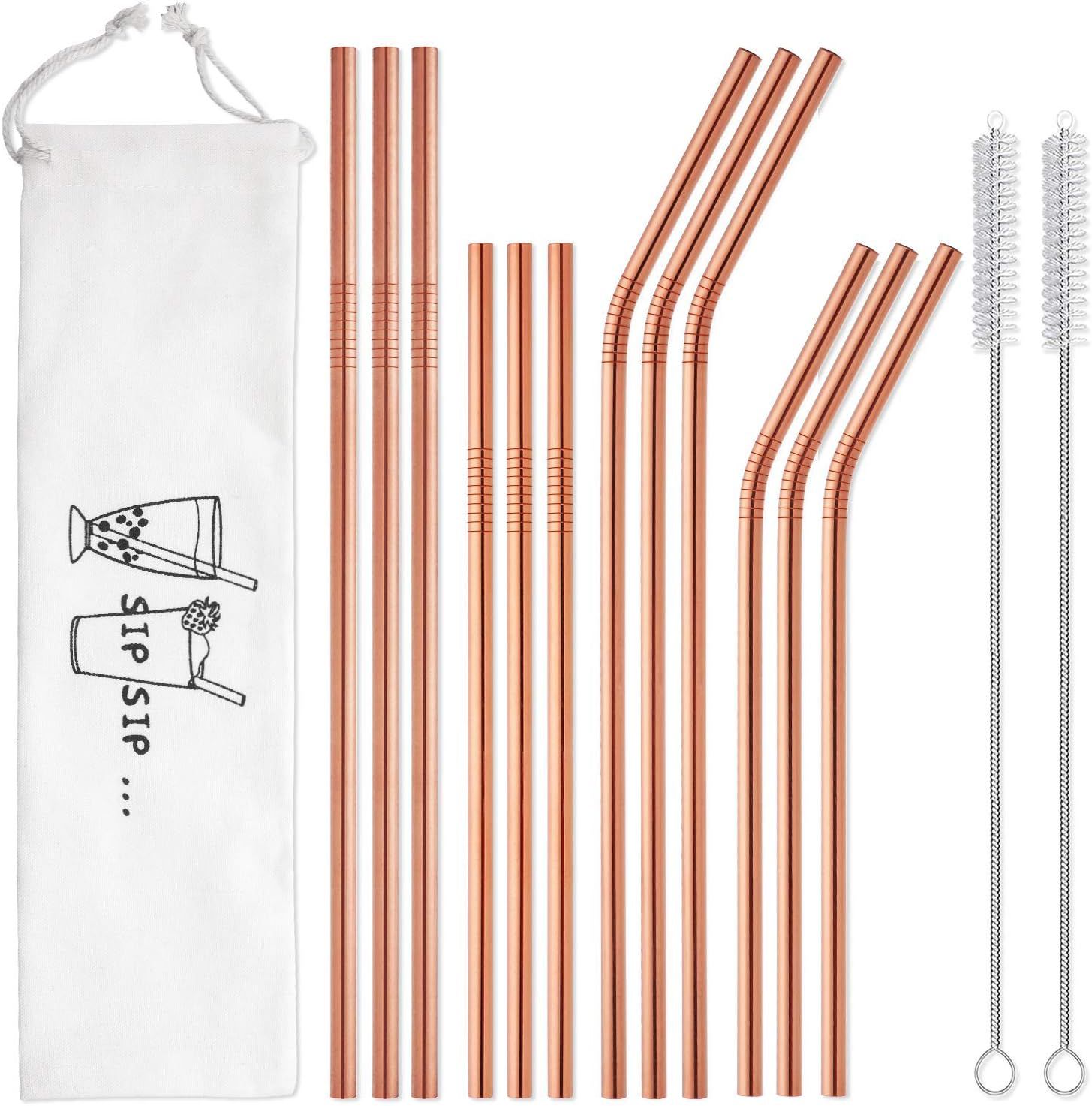 Hiware 12-Pack Reusable Stainless Steel Metal Straws with Case, Rose Gold