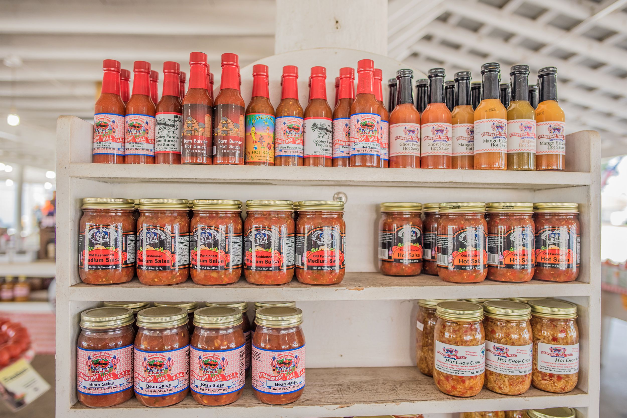 Hot sauce display in a store