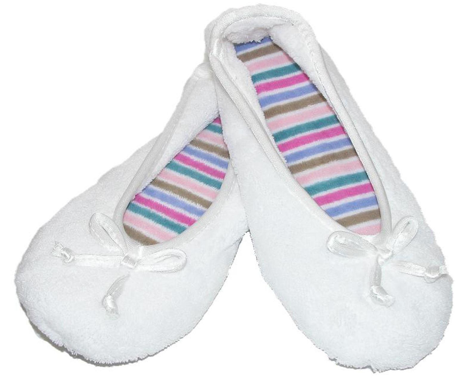 Isotoner Terry Classic Ballerina Slippers for Women, White with Stripes