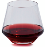 A clear, modern glass with a wide base, partially filled with red wine, is shown against a white background.