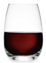 A clear, stemless glass filled halfway with red wine, set against a white background.