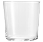 A clear, empty glass tumbler with straight sides is shown against a plain white background.