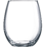 A clear, empty, stemless glass with a rounded shape, photographed against a plain white background.