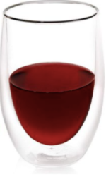 A clear double-walled glass filled halfway with red wine, shown against a plain white background.