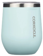 A light blue Corkcicle insulated tumbler with a silver rim and the brand name printed vertically on the side.