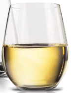 A clear, stemless glass filled halfway with white wine, set against a plain white background.