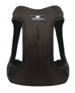 A brown Sleepypod pet harness with wide straps and a label on the back, designed for secure and comfortable wear.