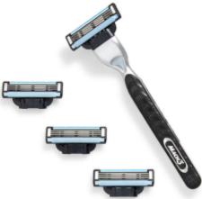 A black and silver razor with a textured handle is shown alongside four interchangeable razor blade cartridges with blue strips.