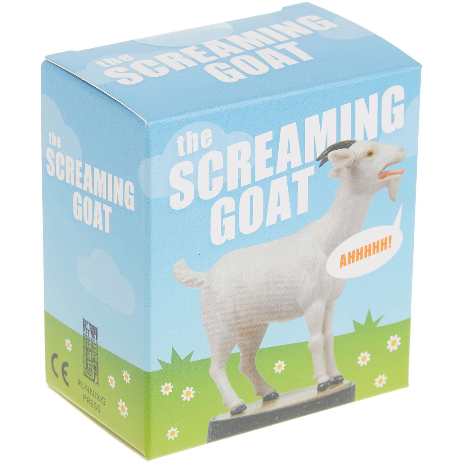 Silly gag gift, a screaming goat figurine with fun fact booklet