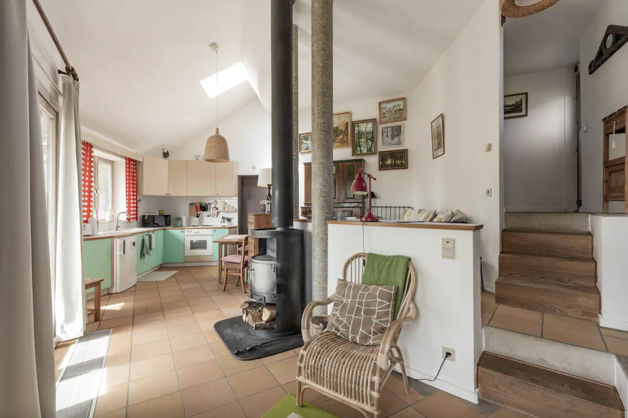 Mushroom House Interior: kitchen and fireplace