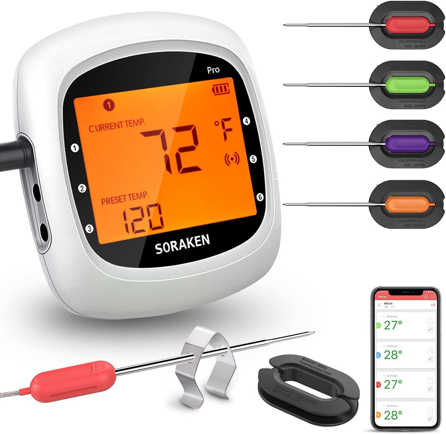 Soraken Wireless Digital Grill Meat Thermometer with 4 Probes White