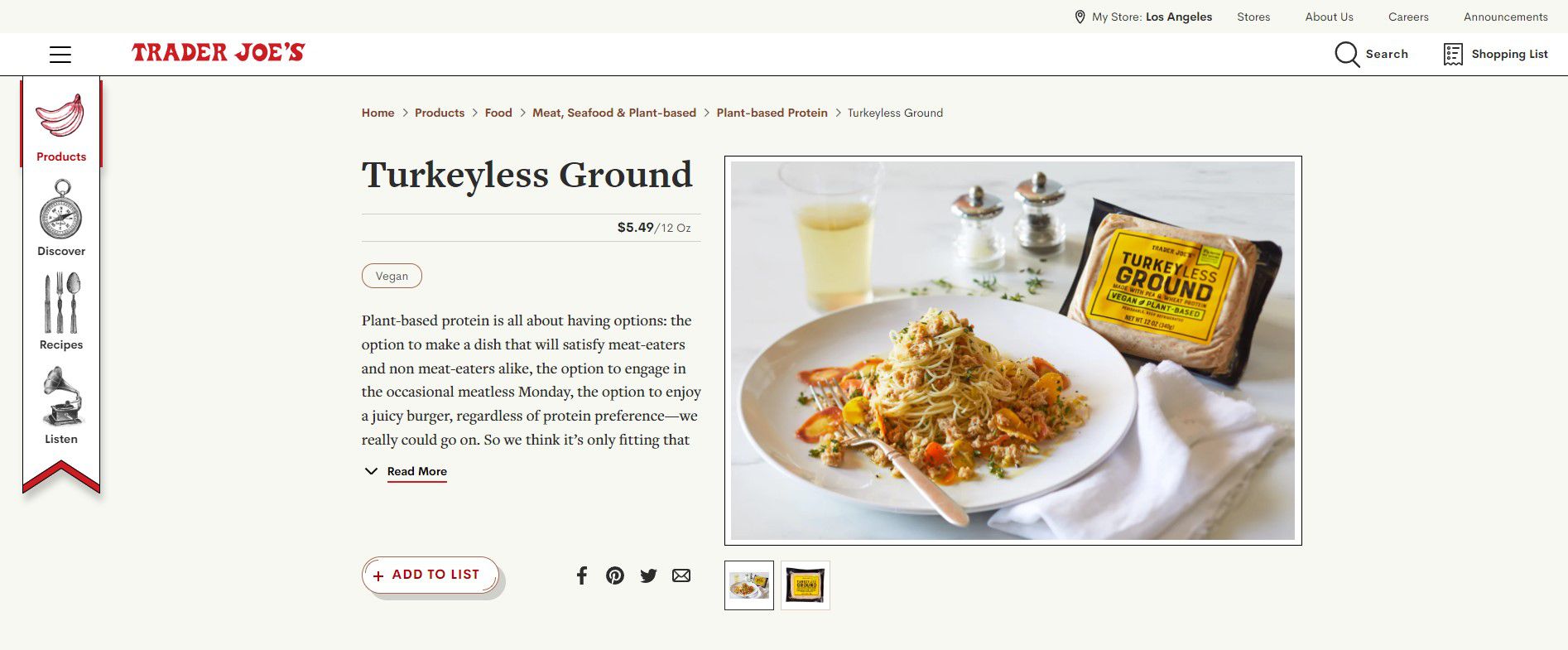 screenshot of Trader Joe's website
