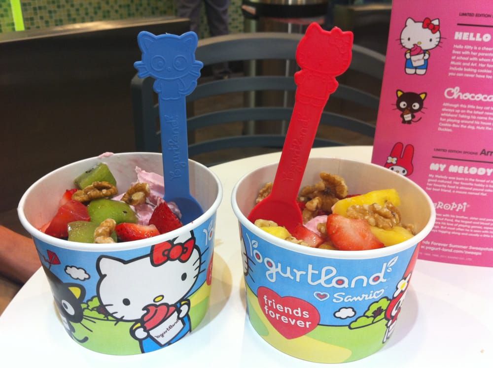 Two cups of frozen yogurt from Yogurtland with special edition Hello Kitty designs