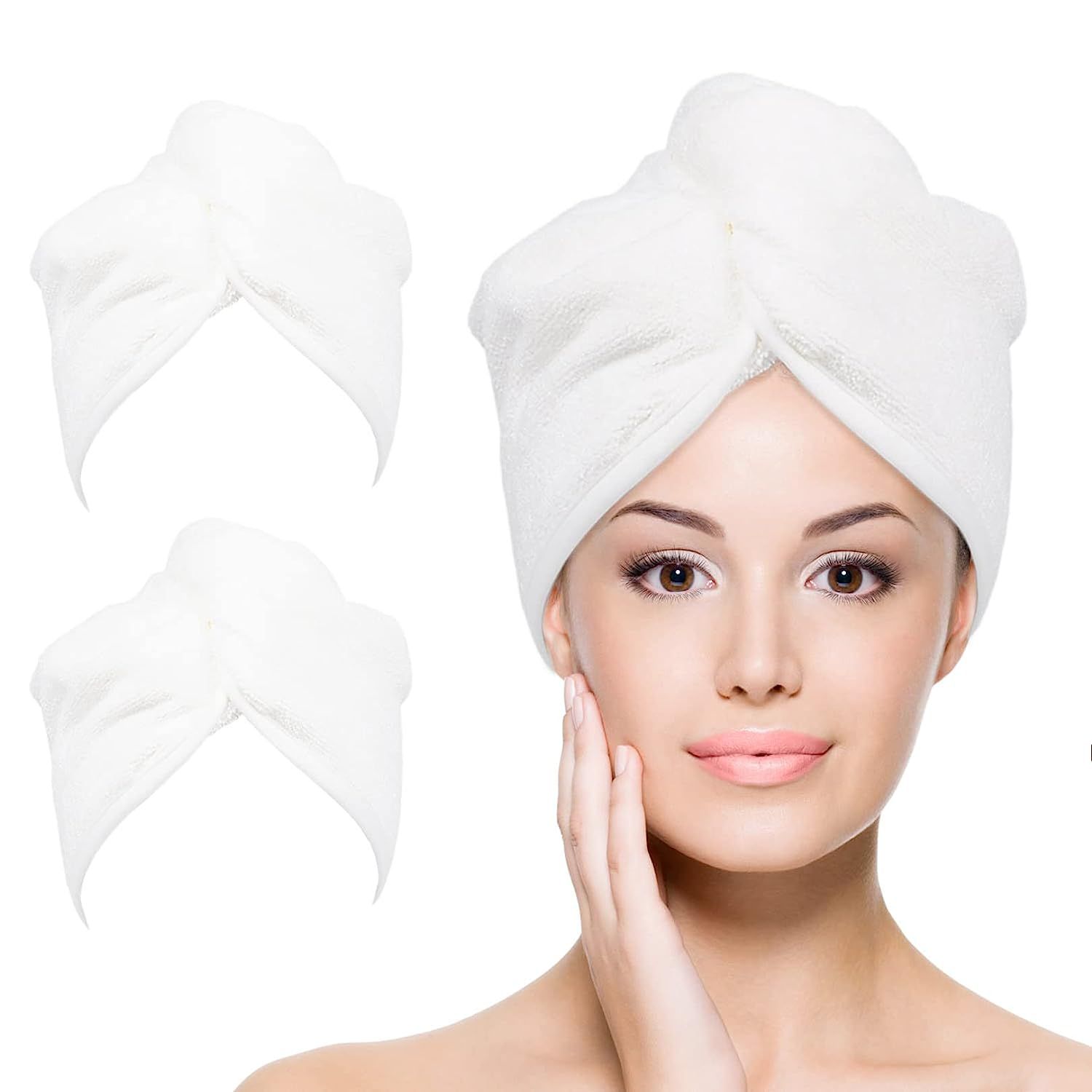 YoulerTex Microfiber Hair Towel Wrap 2-Pack, White