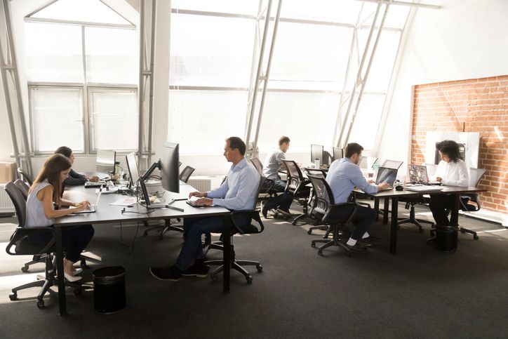 Several people work at desks with computers in a modern, sunlit office space with large windows and exposed brick walls. The atmosphere appears focused and collaborative.