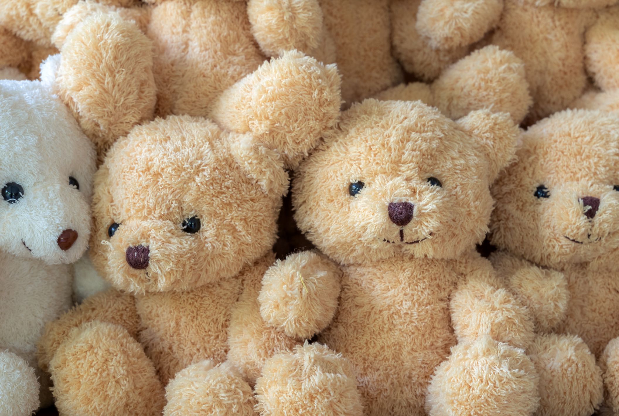 The texture of the teddy bear that is stacked together