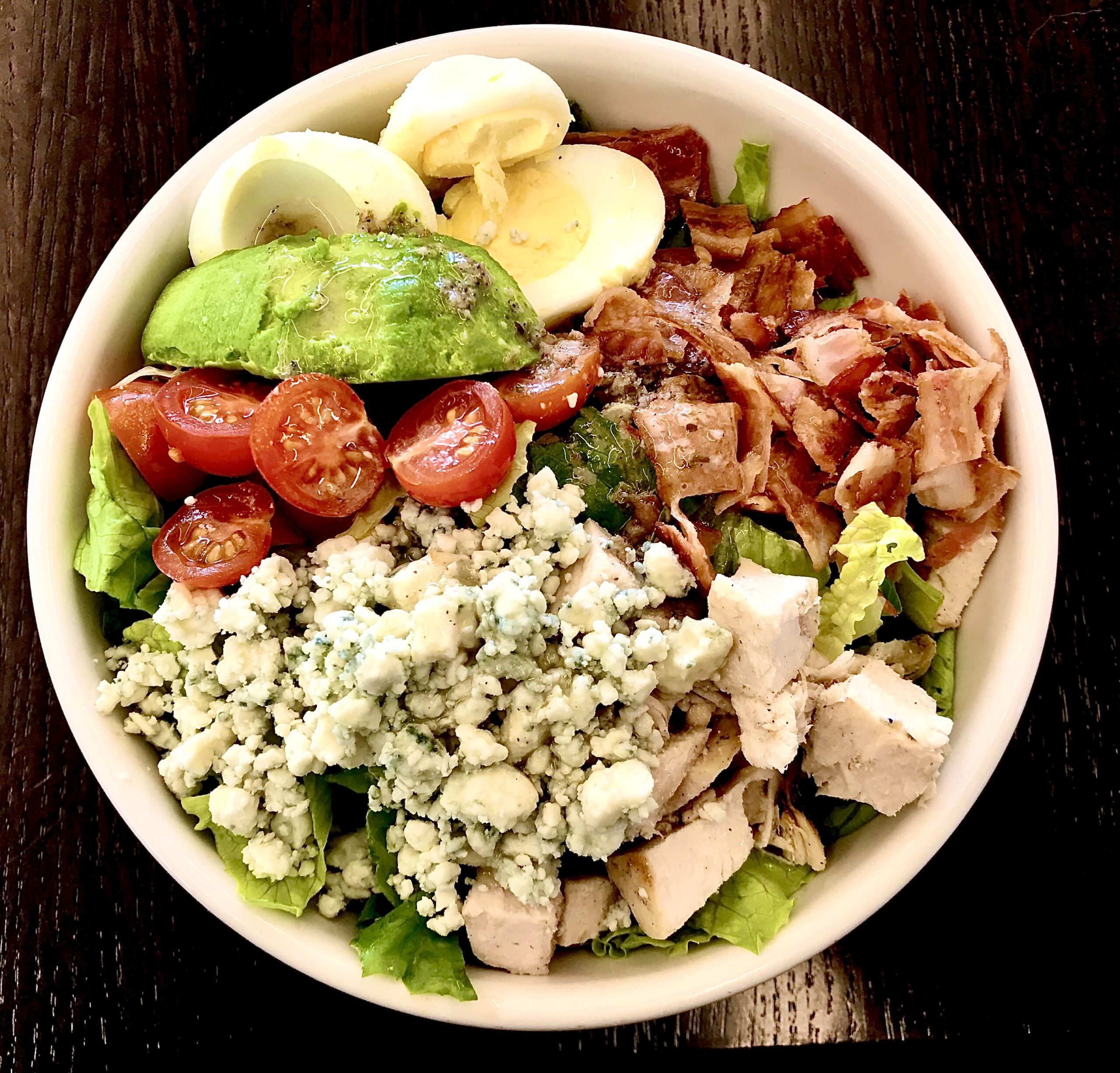 Cobb salad Blue cheese avocado egg bacon tomato grilled chicken