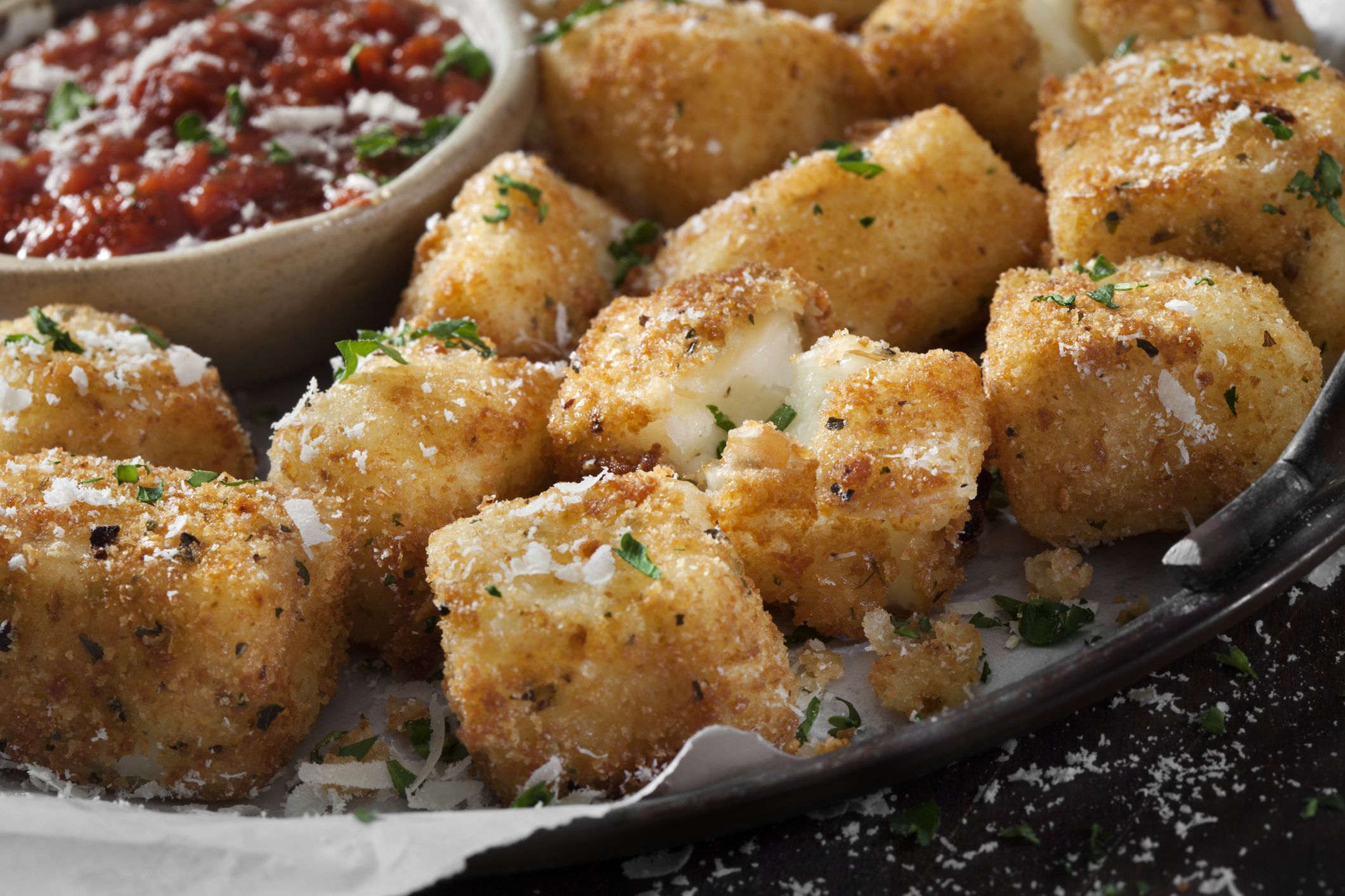 Battered and Fried Halloumi Cheese Nuggets with Marinara Dipping Sauce