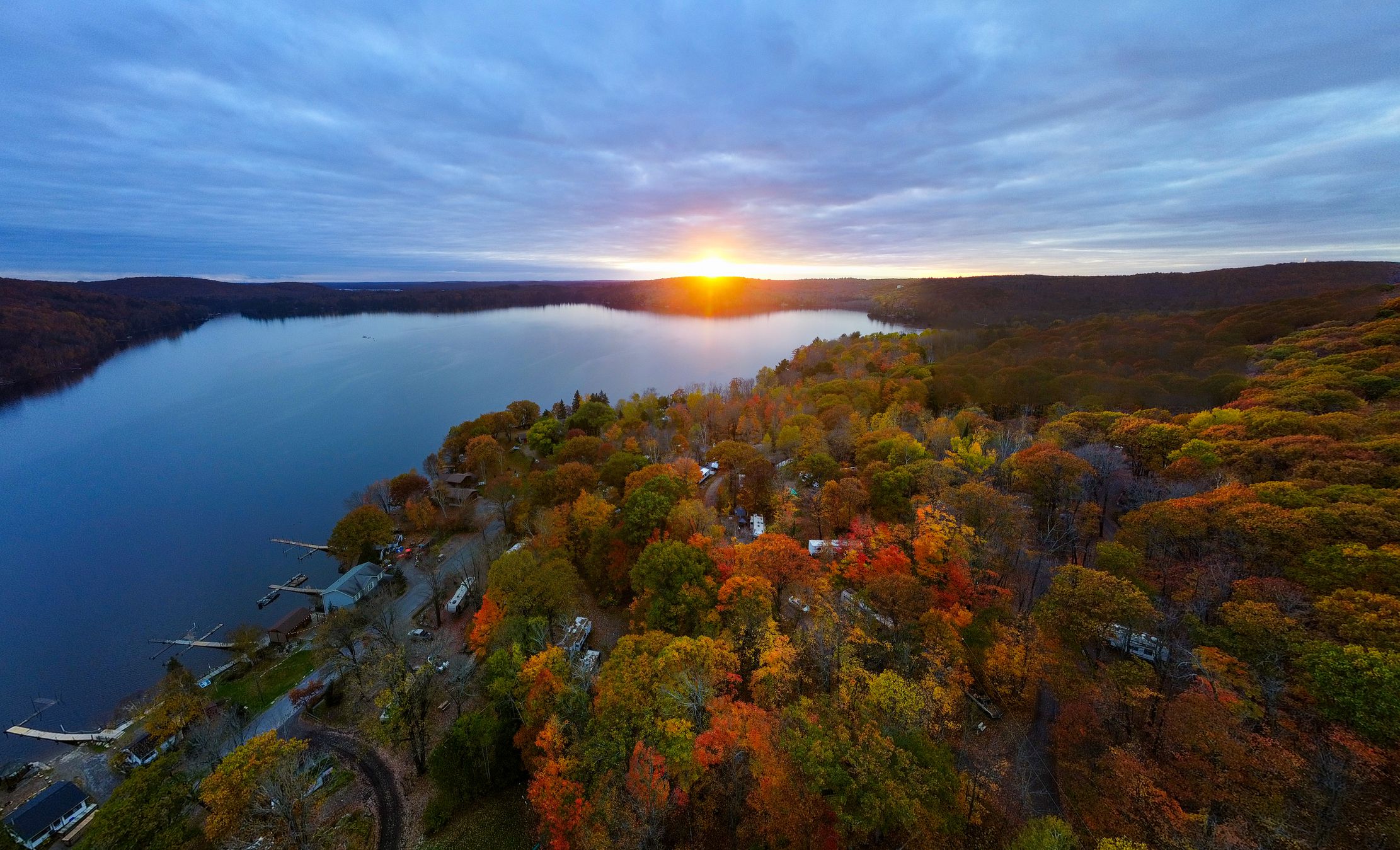 Aerial image taken during sunset over Lake Muskoka. Located near Huntsville and Bracebridge, Canada.