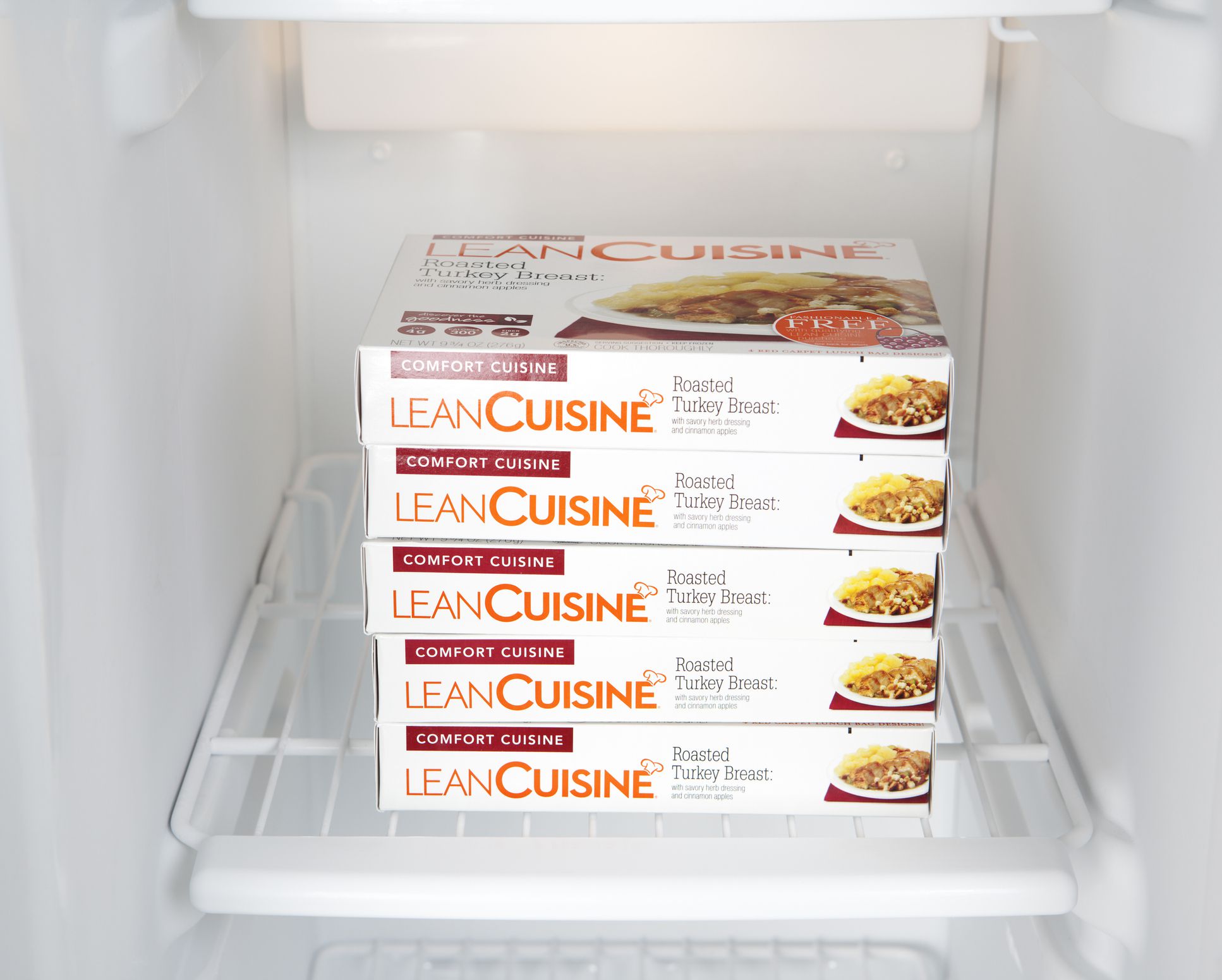 Chillicothe, Ohio, USA - March 15th, 2011: Lean Cuisine Roasted Turkey Breast frozen dinner, distributed by Nestle, in a residential freezer.