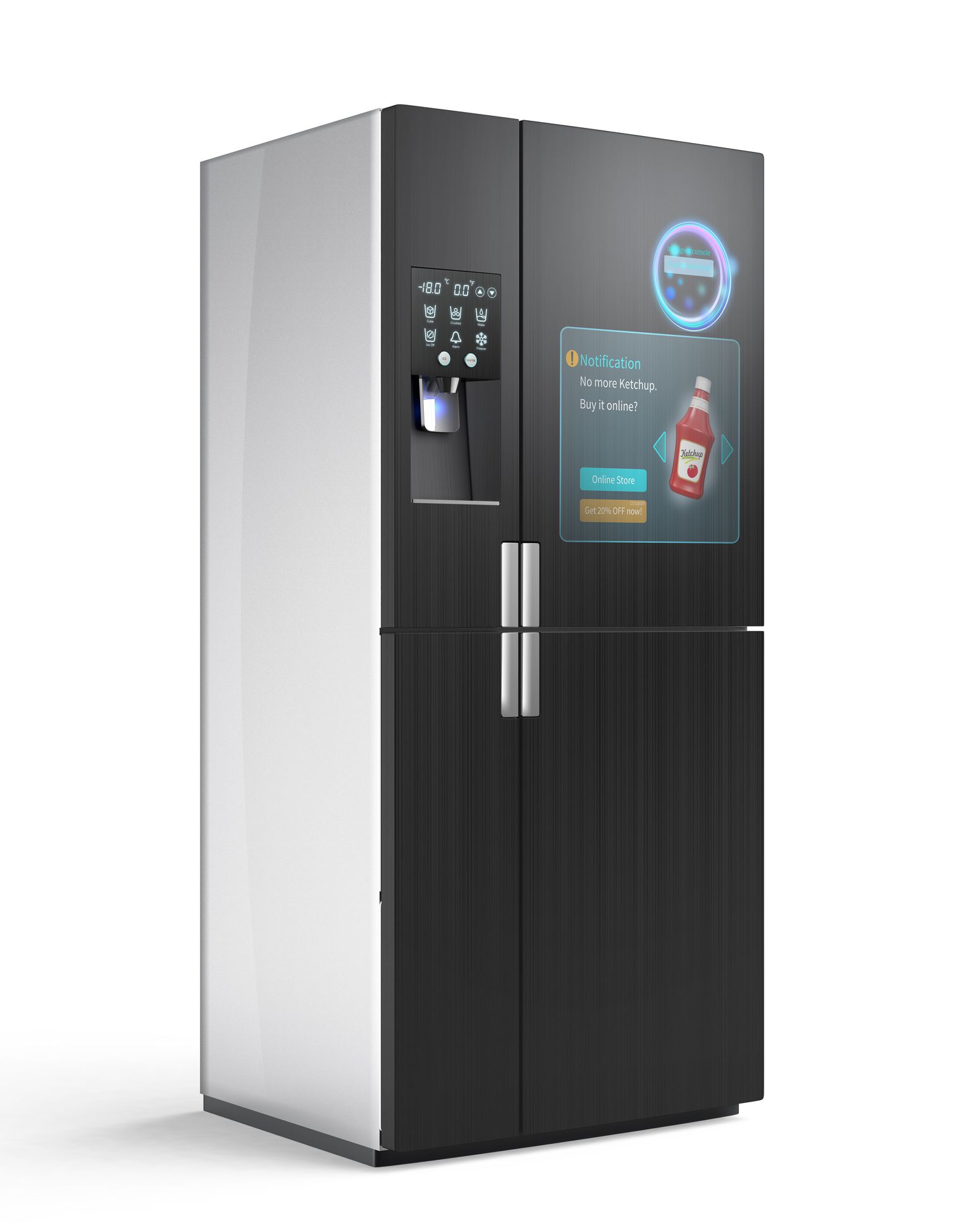 Smart refrigerator concept. The screen on the door displaying push information, for example