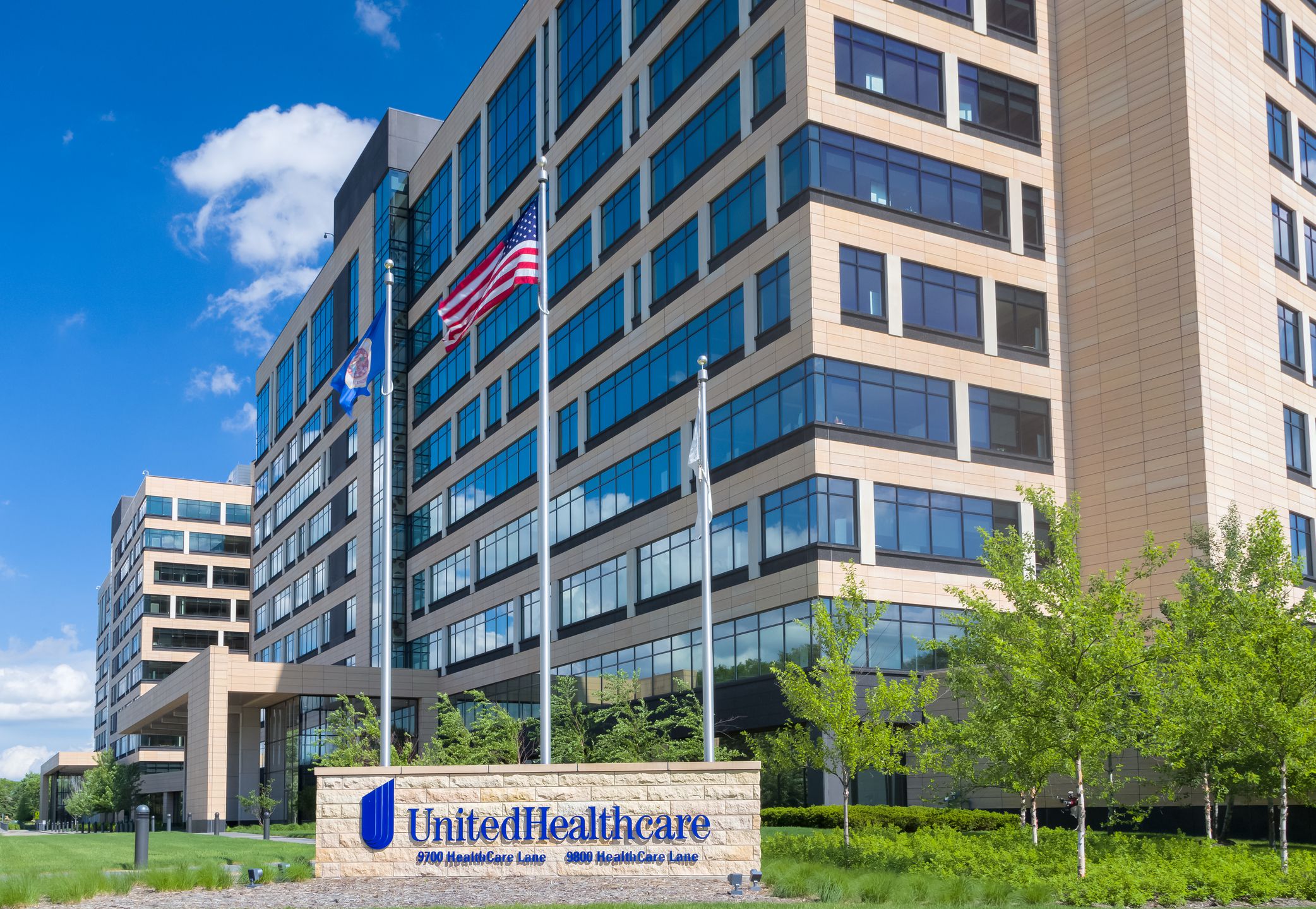 Minneapolis, United States - May 29, 2016: UnitedHealthcare corporate headquarters exterior and sign. UnitedHealth Group Inc. is an American diversified managed health care company.