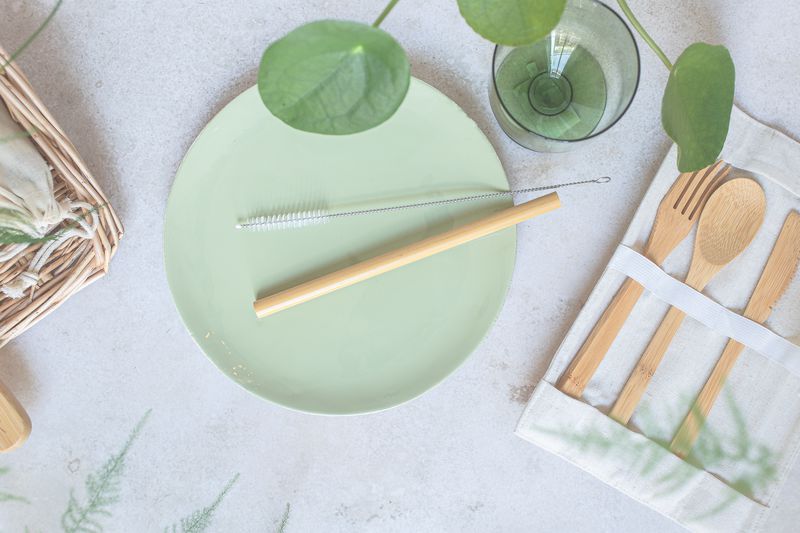 A light green plate with a bamboo straw and cleaning brush rests on a light surface. Nearby are a glass, a set of bamboo cutlery in a cloth pouch, and green plant leaves extending into the frame.