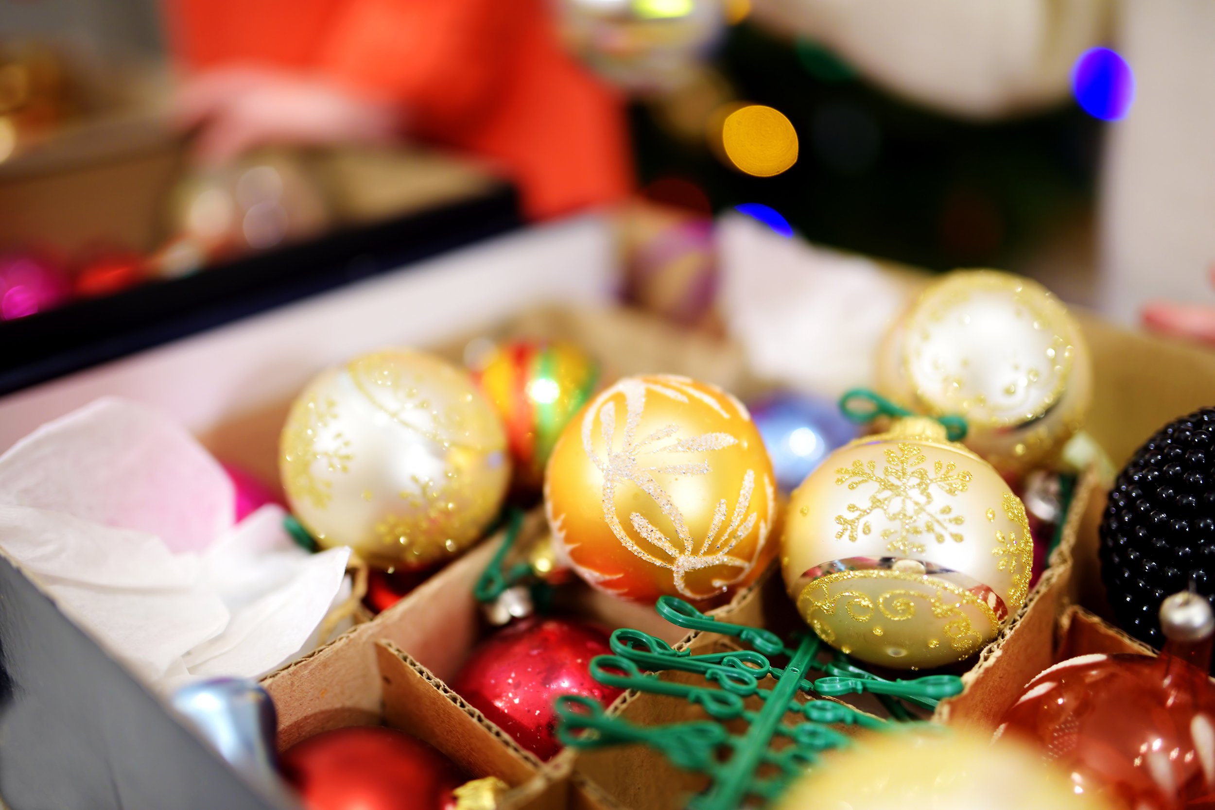 colorful Christmas decorations in a boxes