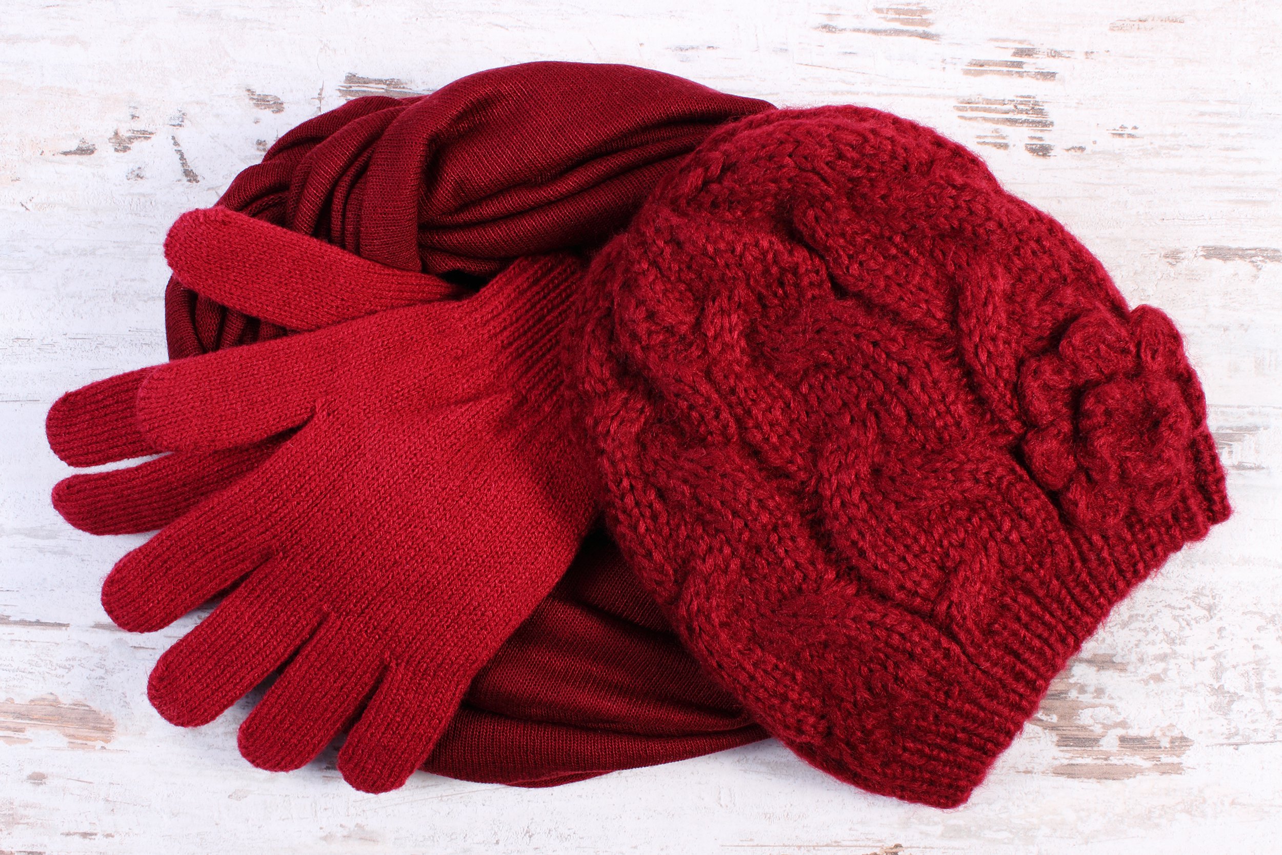 pair of woolen gloves, cap and shawl for woman