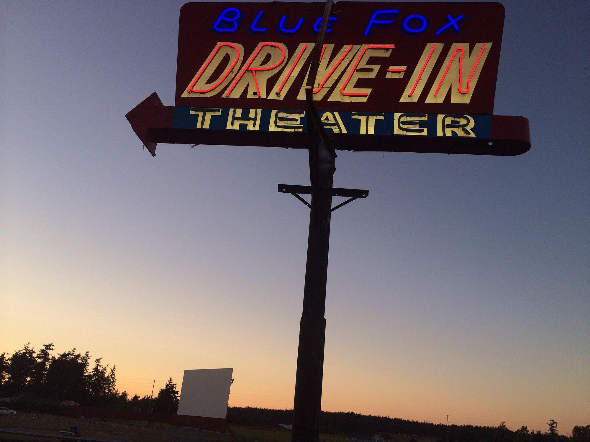 Sign of Blue Fox Drive-In Theater.