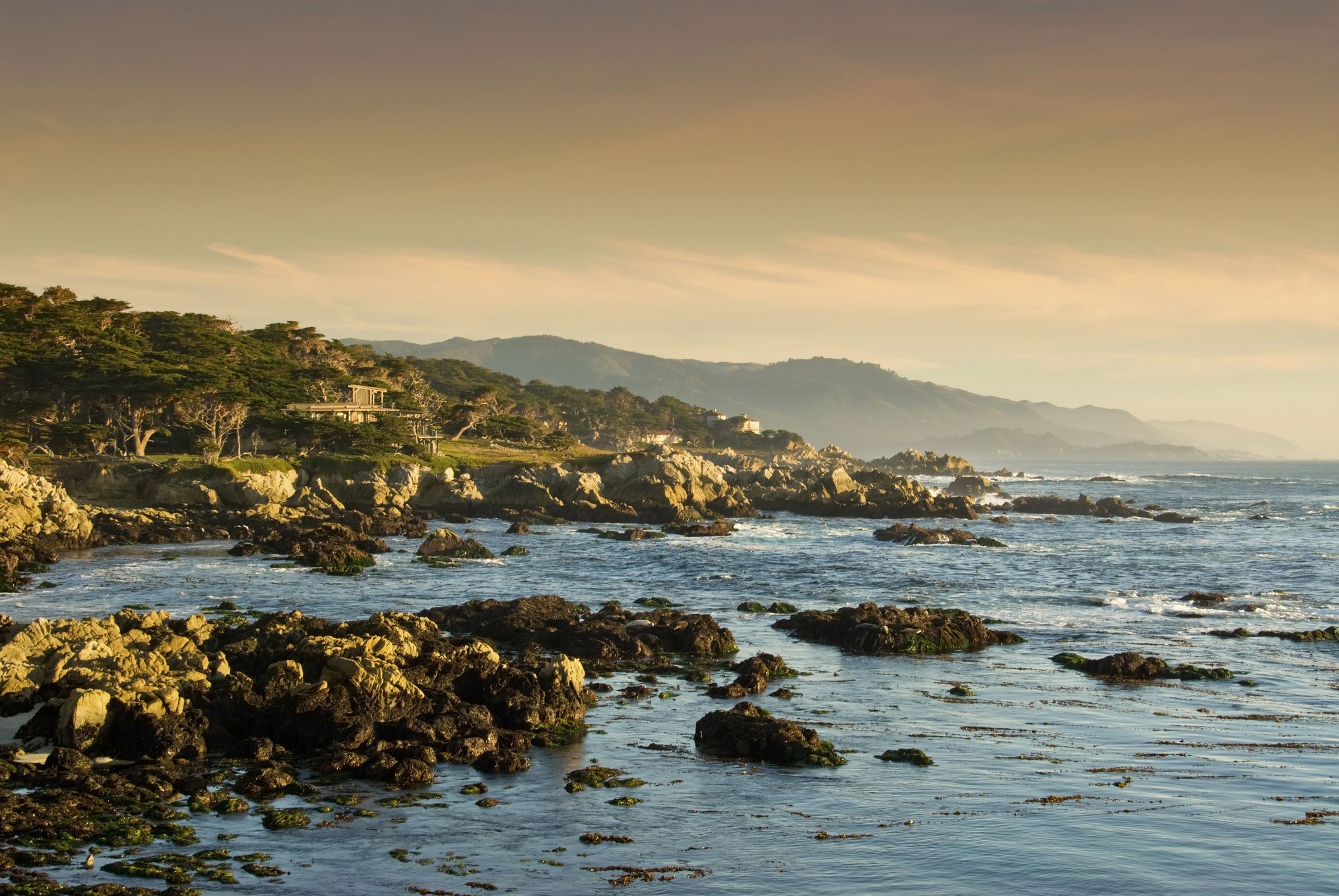 Sunset on the coast in Carmel, California as the fog rolls in off the Pacific Ocean