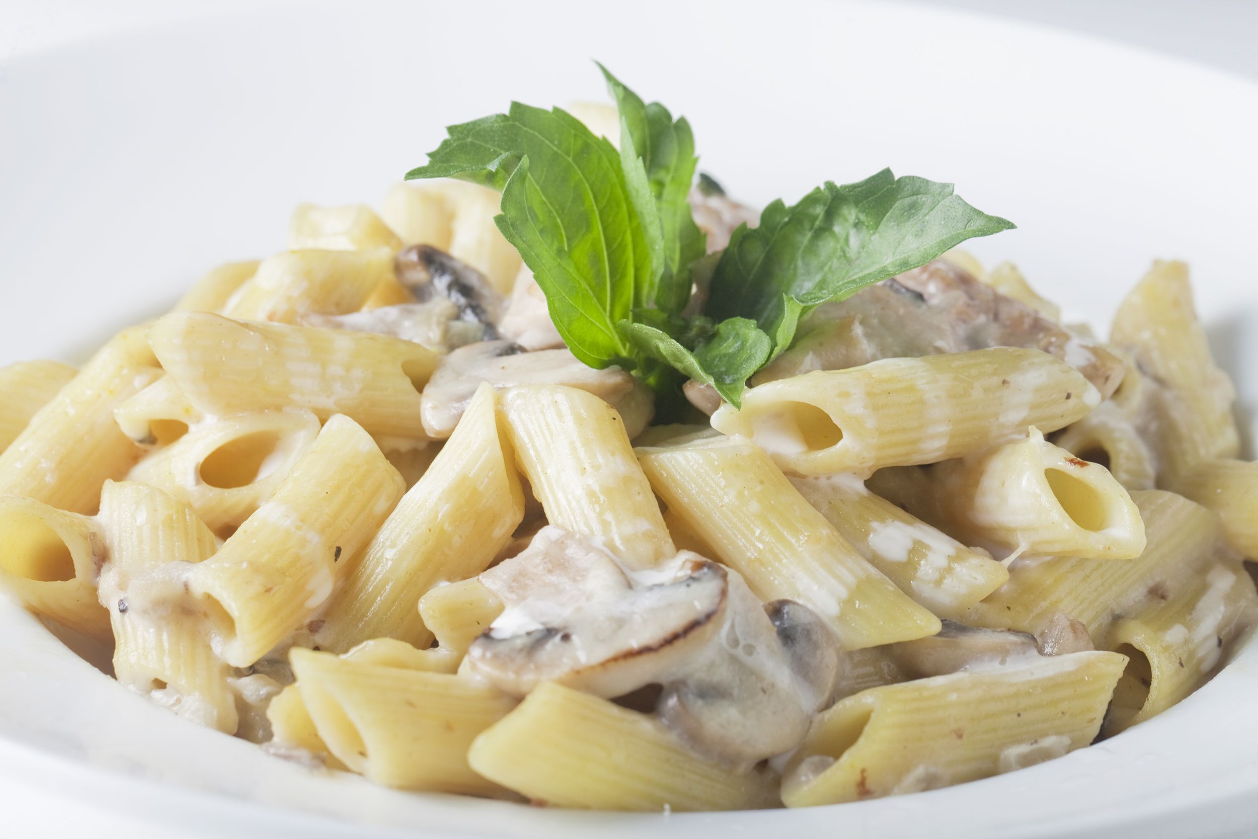 Closeup of dump-and-bake chicken mushroom casserole in a white bowl