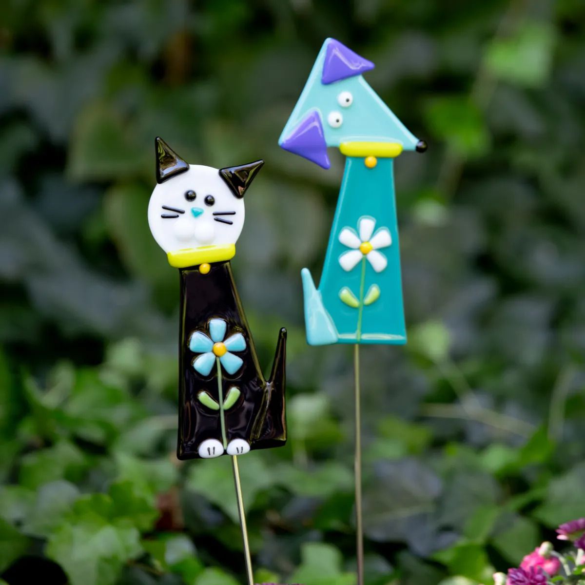 Dog & Cat Fused Glass Garden Stake