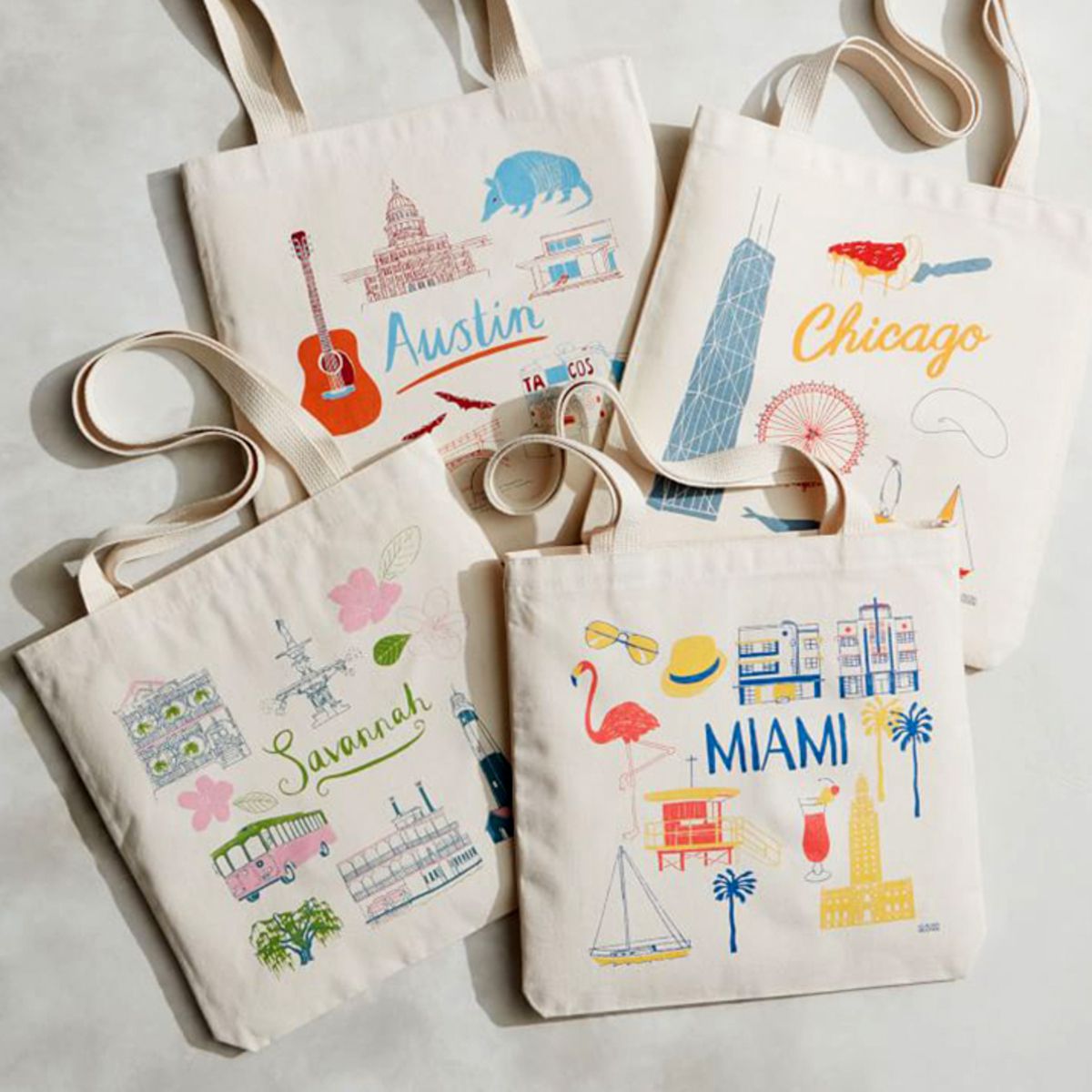 City Tote Bags, Austin, Chicago, Savannah, and Miami, By Claudia Pearson