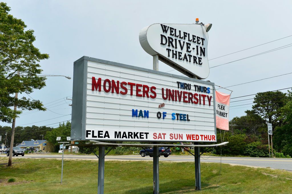The marquee sign at Wellfleet Drive-In Theatre in Wellfleet, MA