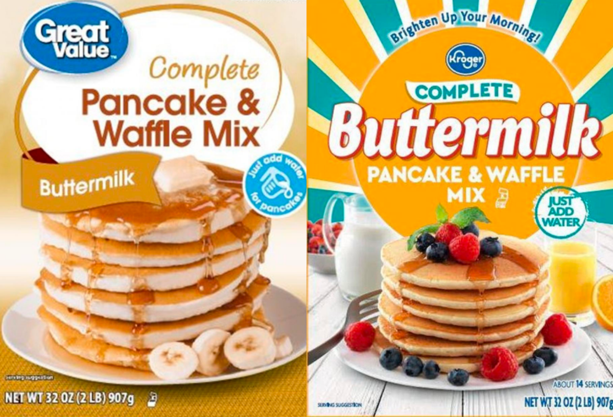 Great Value Buttermilk Pancake & Waffle Mix on Left and Kroger Buttermilk Pancake & Waffle Mix on Right