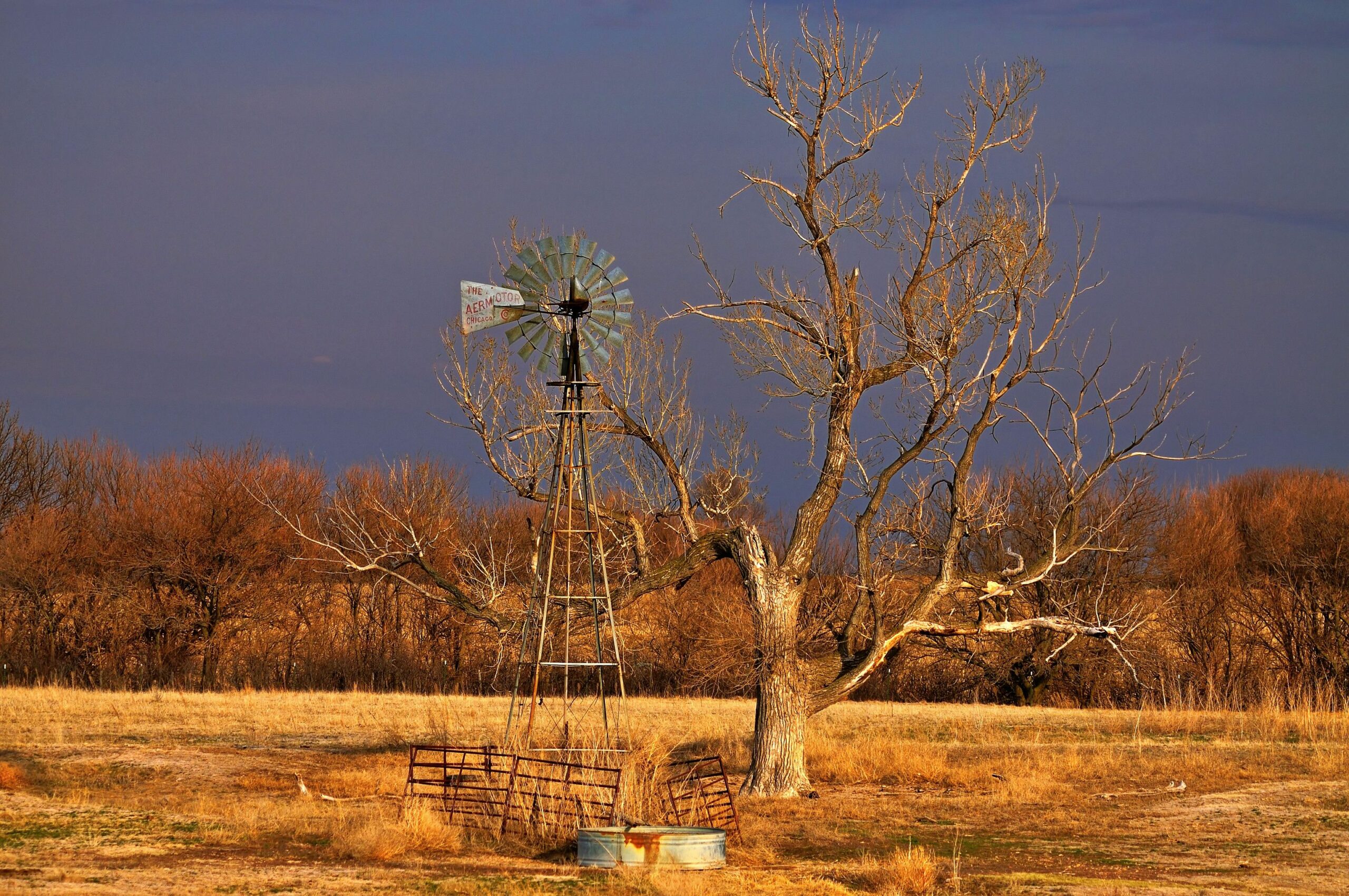 Windmill and bare tree lit up by sunlight in front of dark dramatic sky.