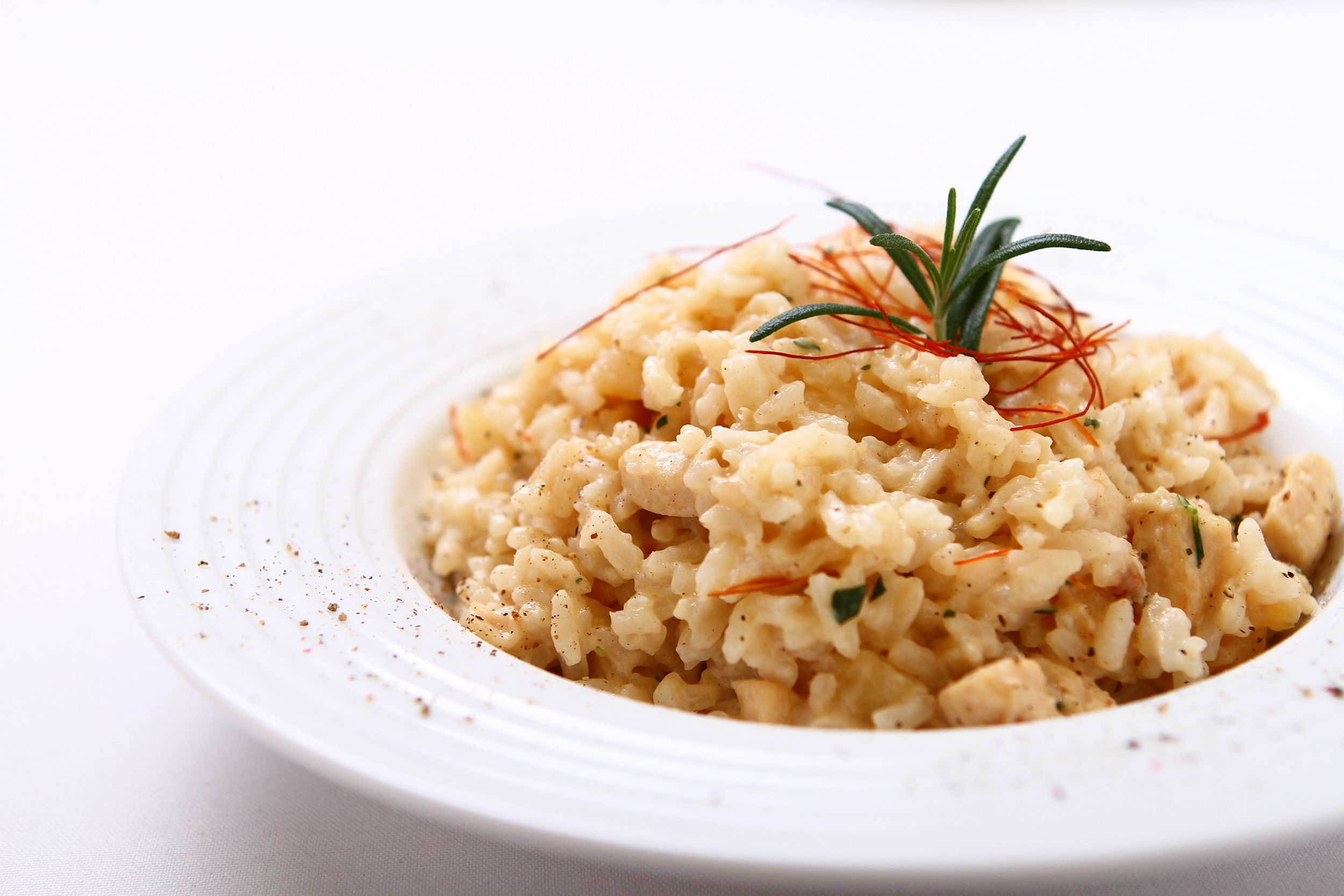 One pot chicken risotto in a rimmed white bowl with delicate herb powder along the rim with a blurred white background