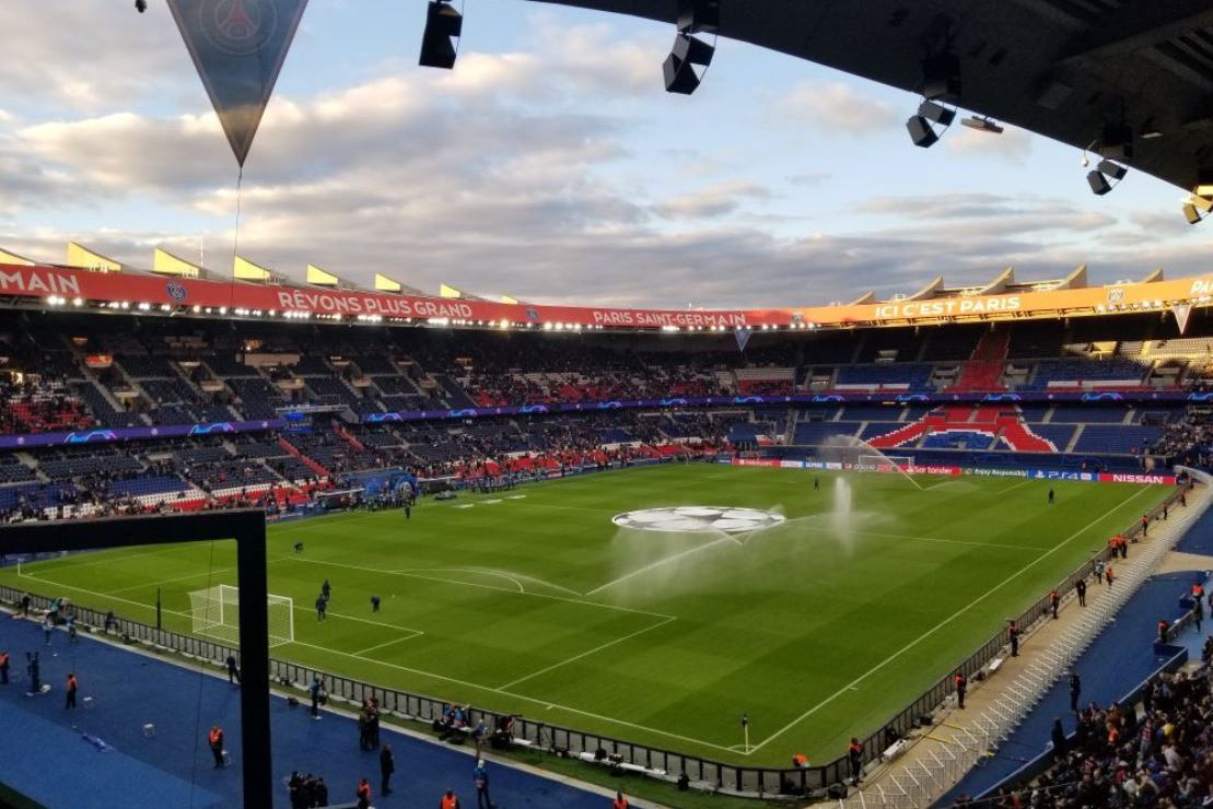 Sprinklers watering the field at Parc des Princes, Paris.