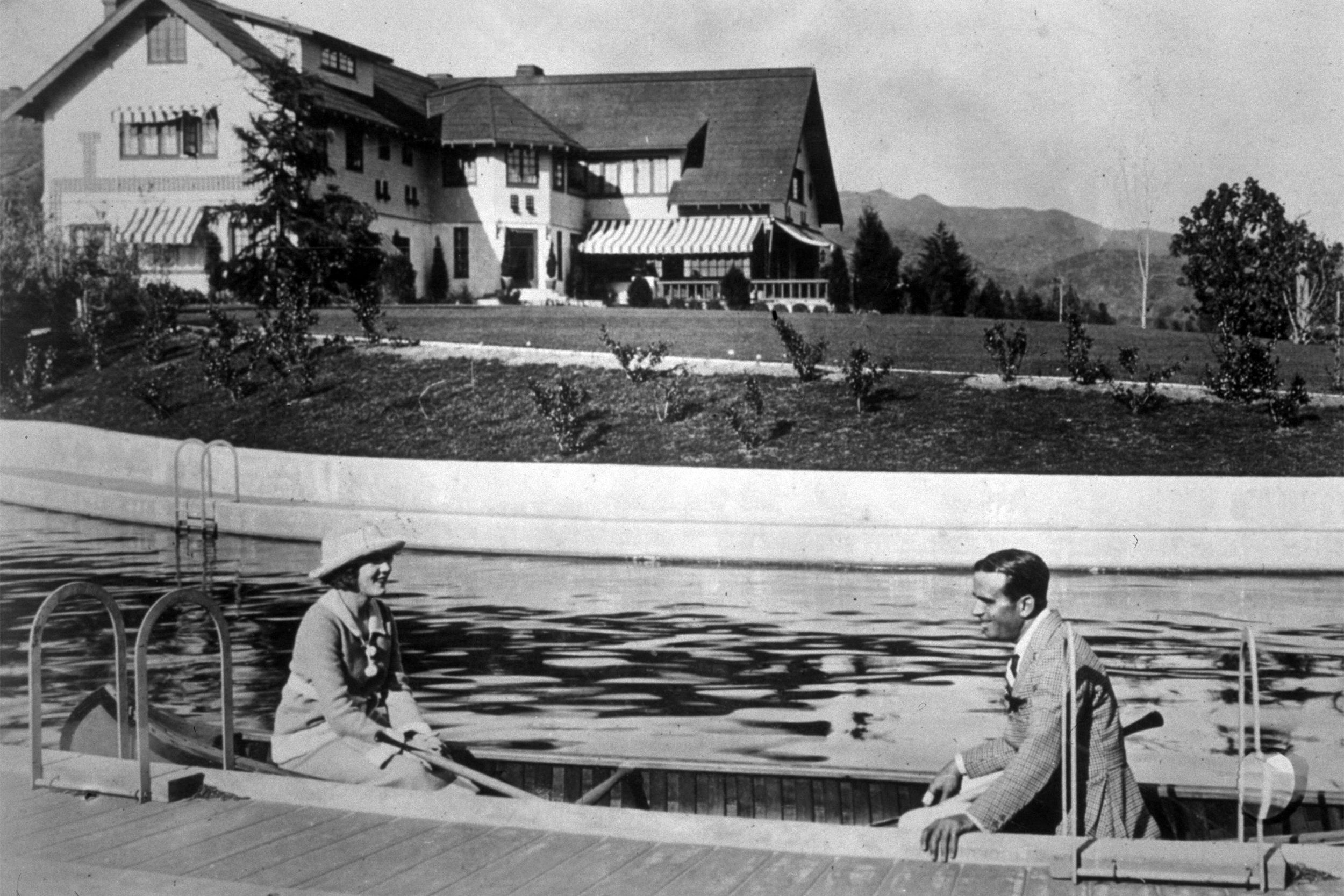 Pickfair Estate of Mary Pickford and Douglas Fairbanks, Beverly Hills, Canoeing on the Creek, Circa 1933