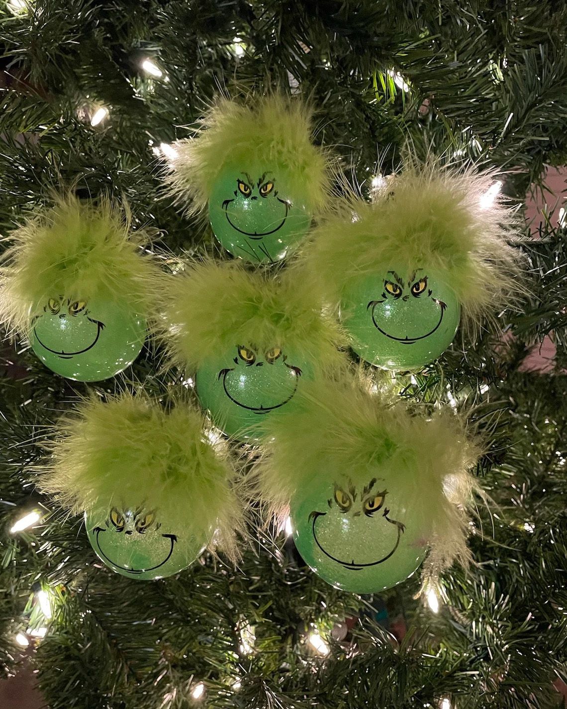 Fuzzy Hair Grinch Ornaments