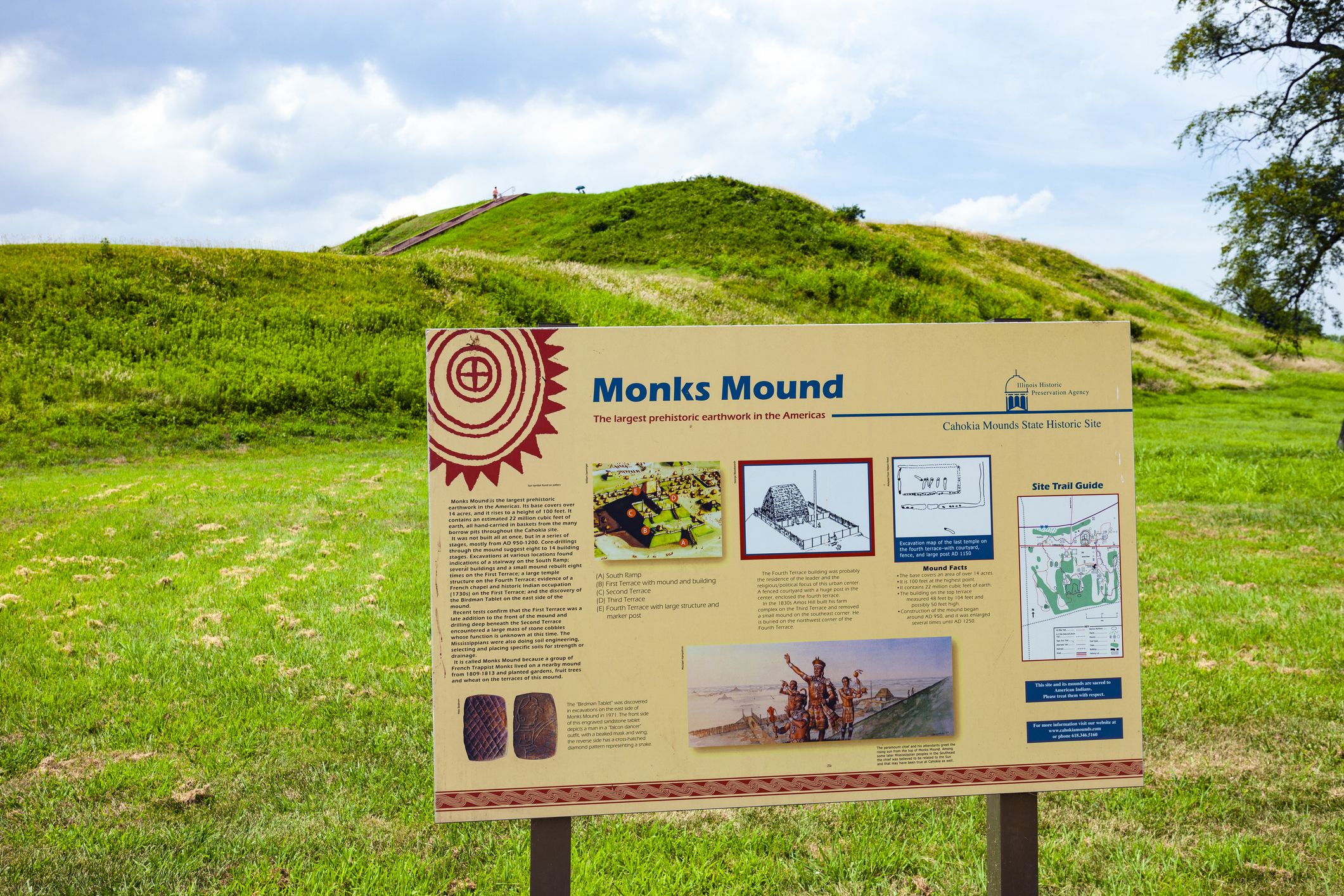 Collinsville, Illinois, USA - July 14, 2018: Monks Mound is a large Pre-Columbian pyramid and was made by Native Americans around 900-950 CE in what is now Illinois