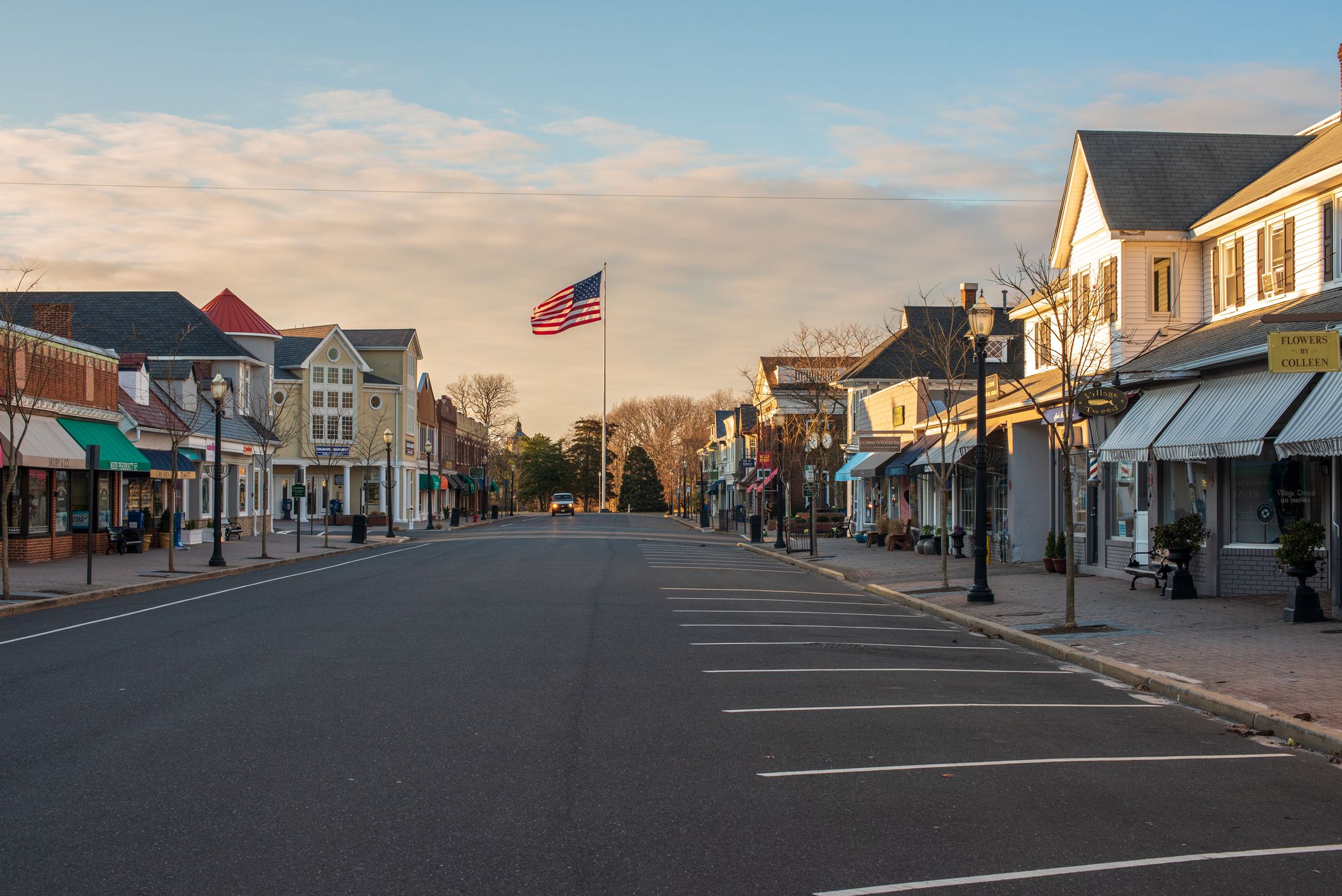Spring Lake, NJ, USA -- January 28, 2017. A winter morning shot looking down Main Street lined with shops in Spring Lake, NJ.