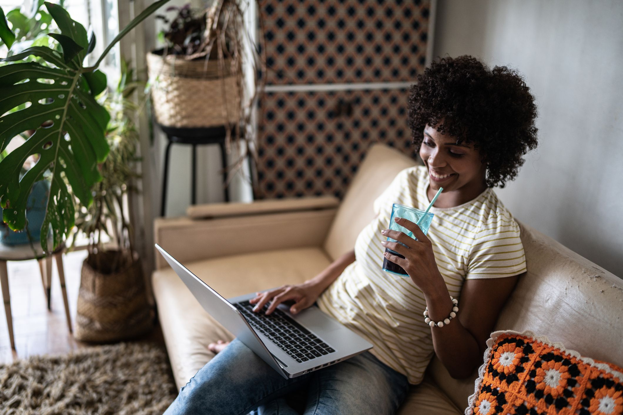 Young woman using the laptop at home