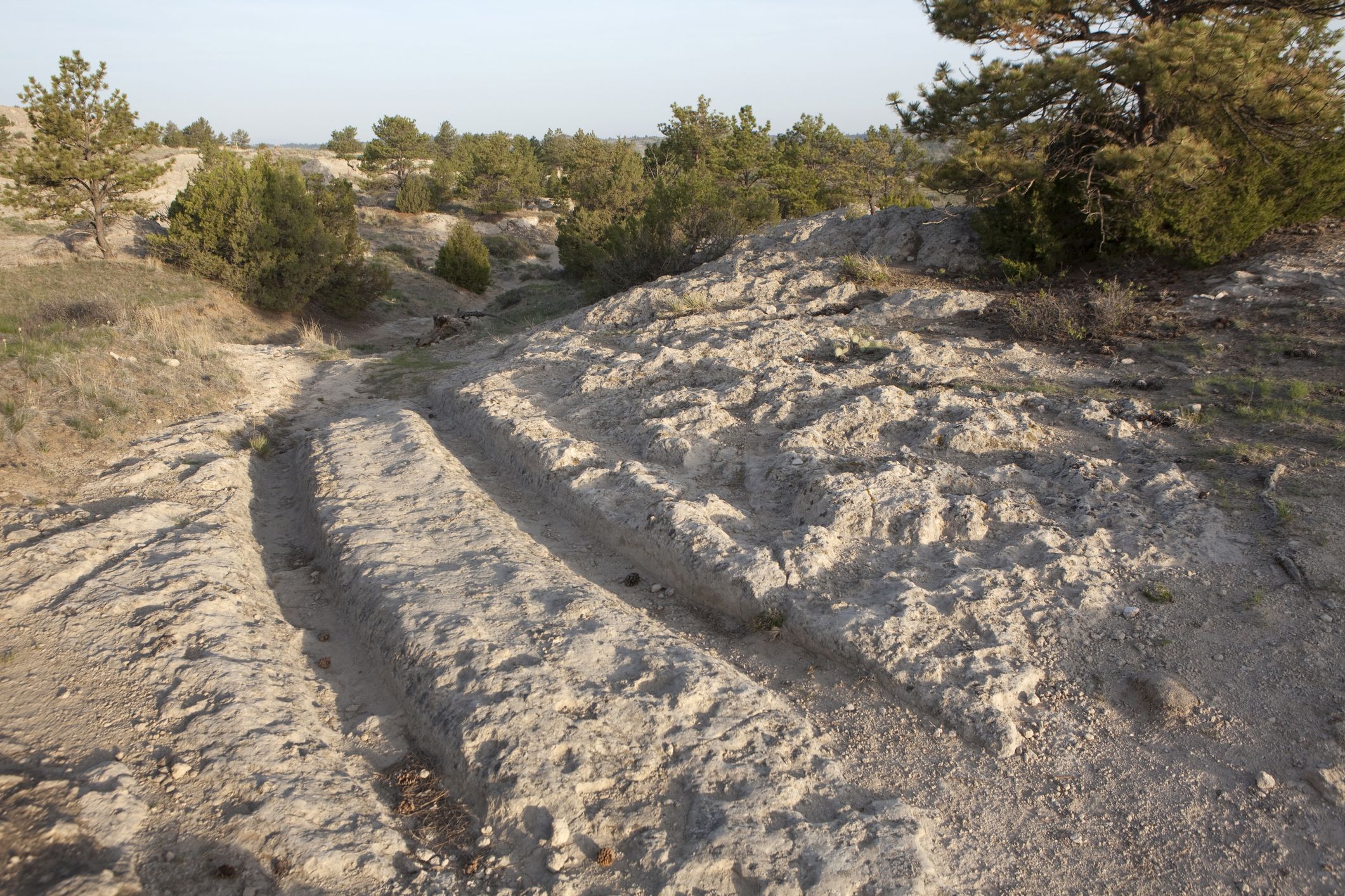 The early morning sun lights the Guernsey Ruts, old pioneer covered wagon wheel ruts cut into the sandstone on the Oregon Trail in eastern Wyoming.