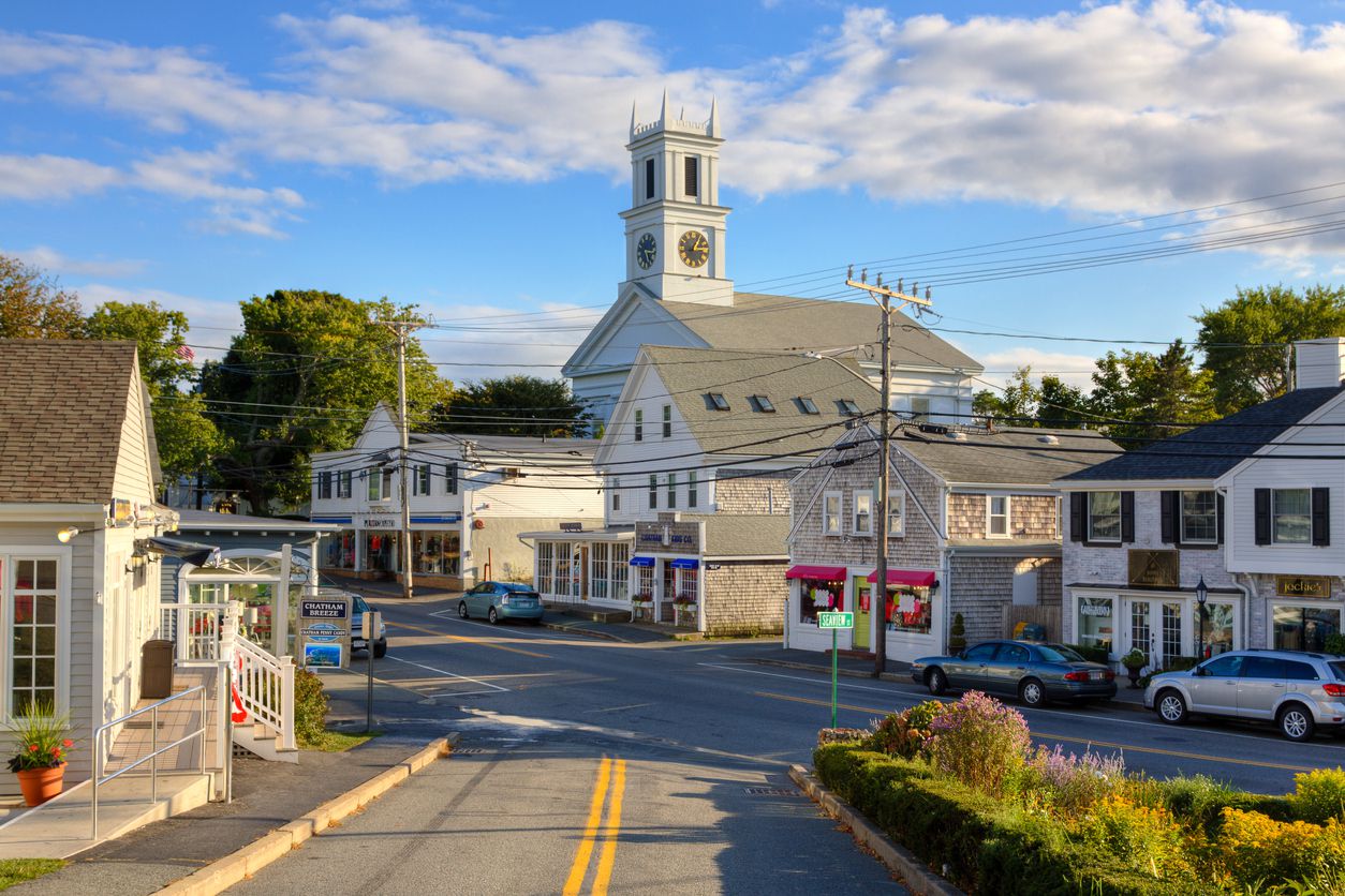 mall Town Street, Chatham, Cape Cod, Massachusetts. The image shows a fragment of the Main street as seen from the Seaview street, with the First United Methodist Church in background.
